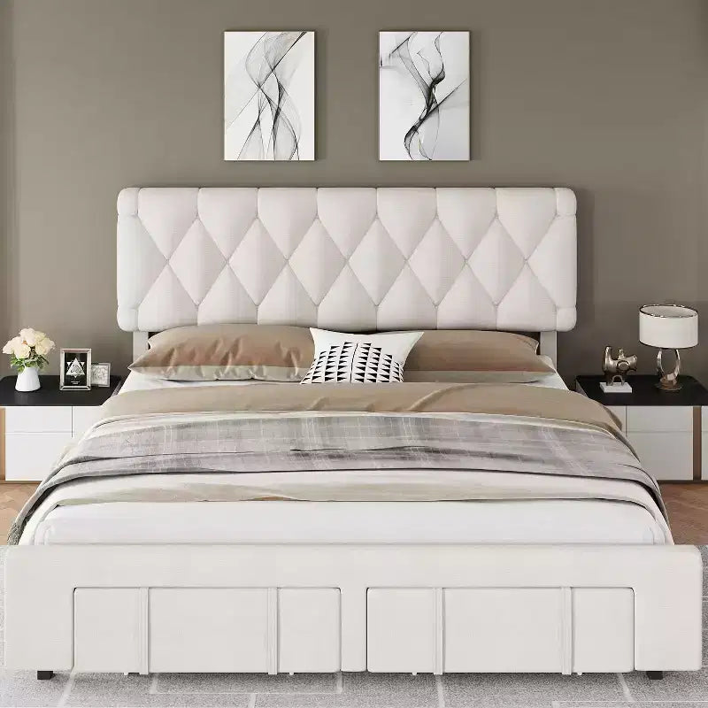Struttura Letto Matrimoniale Beige, Imbottita con Cassetti Contenitore, Base Materasso, Supporto con Solide Doghe in Legno, Nessuna Rete a Molle Necessaria