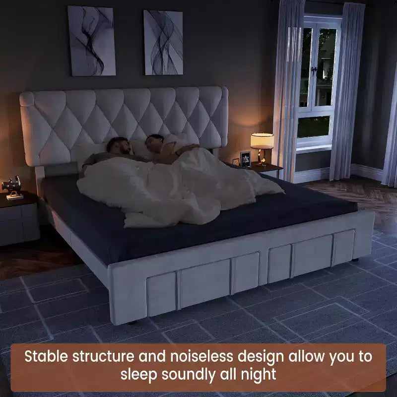 Struttura Letto Matrimoniale Beige, Imbottita con Cassetti Contenitore, Base Materasso, Supporto con Solide Doghe in Legno, Nessuna Rete a Molle Necessaria