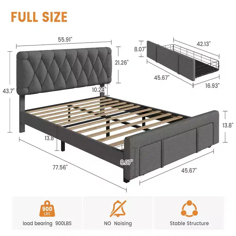 Struttura Letto Matrimoniale Beige, Imbottita con Cassetti Contenitore, Base Materasso, Supporto con Solide Doghe in Legno, Nessuna Rete a Molle Necessaria