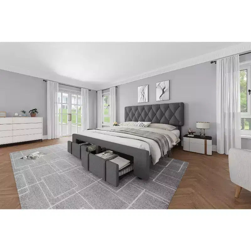 King Size Beige Bed Frame, Upholstered Platform Bed Frame with Storage Drawers, Mattress Foundation, Solid Wooden Slats Support, No Box Spring Needed