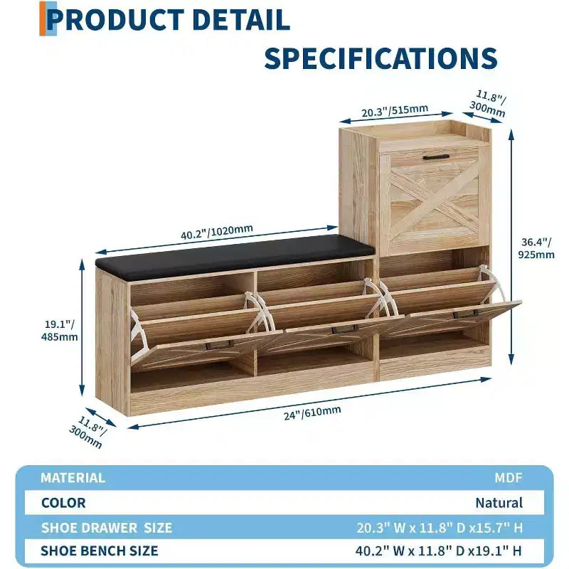 Panca Porta Scarpe con 4 Cassetti a Ribalta e Cuscino Imbottito, Mobile Scarpiera Stretto in Legno con Contenitore Nascosto
