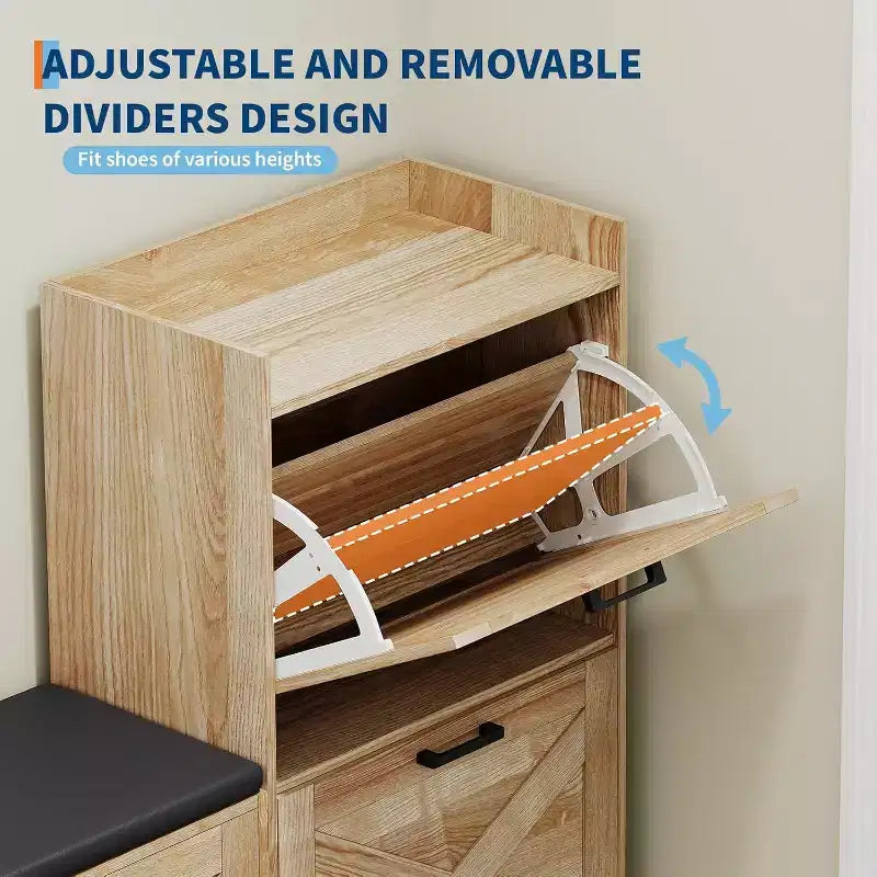Panca Porta Scarpe con 4 Cassetti a Ribalta e Cuscino Imbottito, Mobile Scarpiera Stretto in Legno con Contenitore Nascosto