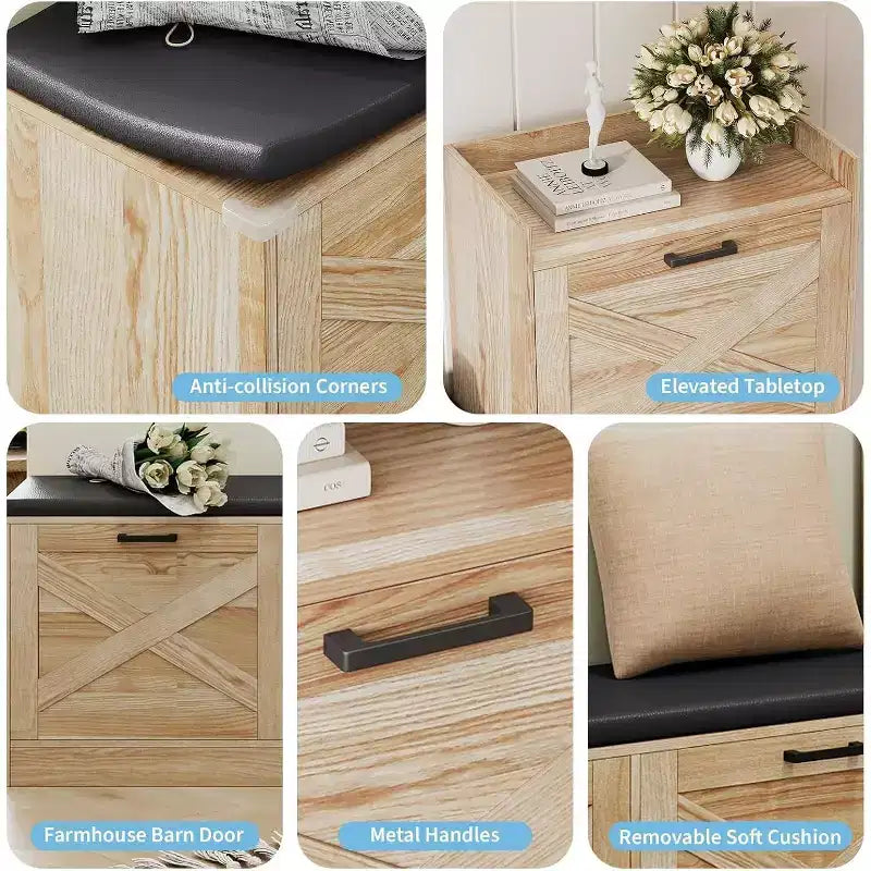 Panca Porta Scarpe con 4 Cassetti a Ribalta e Cuscino Imbottito, Mobile Scarpiera Stretto in Legno con Contenitore Nascosto