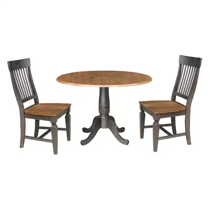 3pc 42" Round Dual Drop Leaf Dining Table with 2 Slat Back Chairs Hickory/Washed Coal - International Concepts: Compact Parawood Set