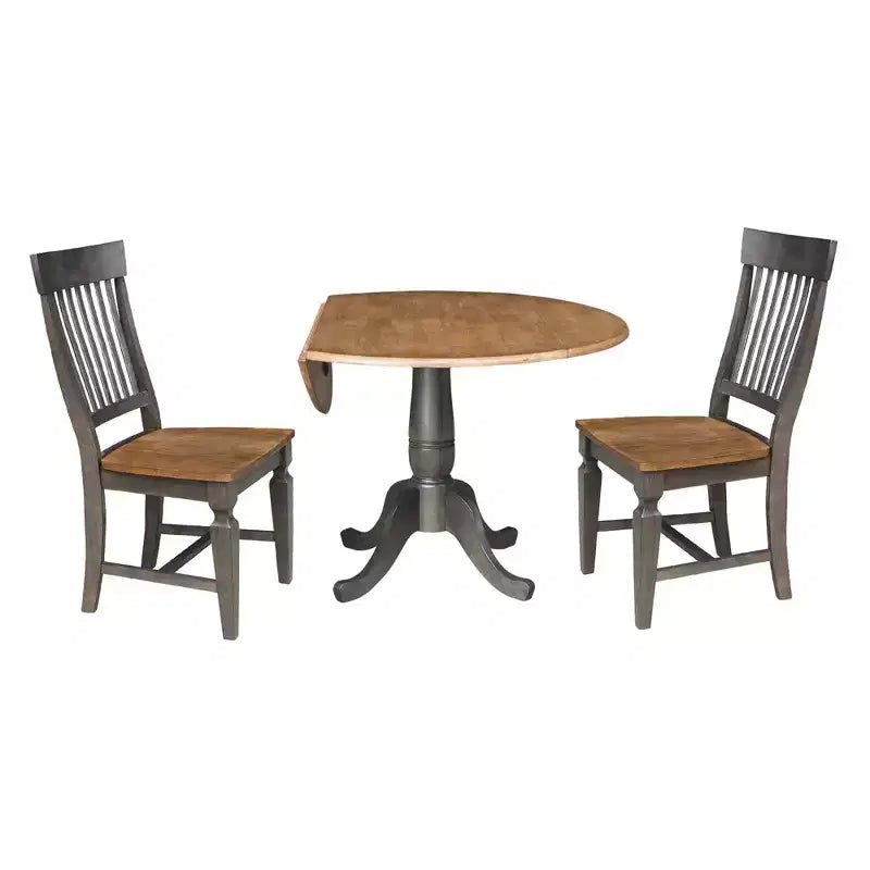 Tavolo da pranzo rotondo a scomparsa 3 pezzi da 42" con 2 sedie con schienale a doghe, colore Hickory/Washed Coal