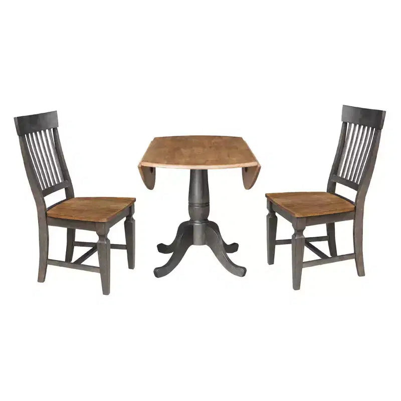 Tavolo da pranzo rotondo a scomparsa 3 pezzi da 42" con 2 sedie con schienale a doghe, colore Hickory/Washed Coal