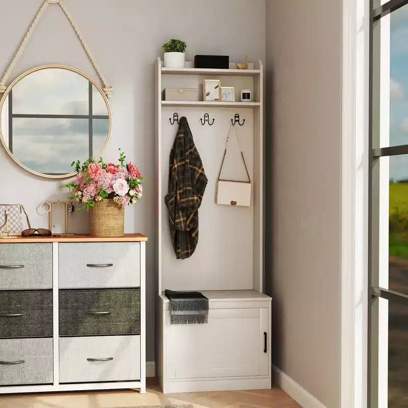 Rustic Hall Tree with Shoe Storage Bench, Entryway Bench with Coat Rack, Accent Coat Tree with Storage Shelves for Hallway, Mudroom