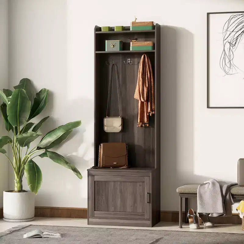 Rustic Hall Tree with Shoe Storage Bench, Entryway Bench with Coat Rack, Accent Coat Tree with Storage Shelves for Hallway, Mudroom