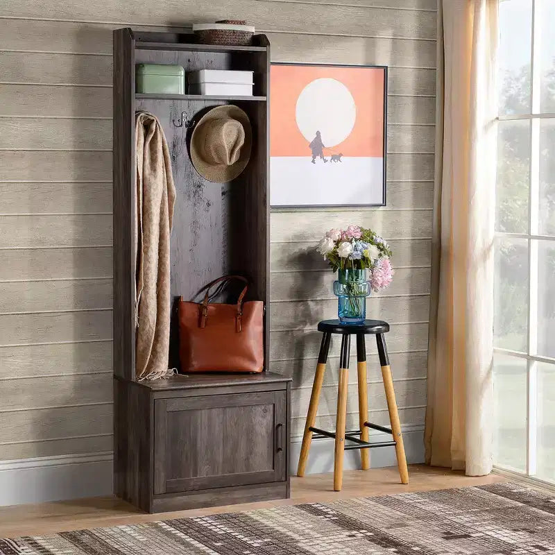 Rustic Hall Tree with Shoe Storage Bench, Entryway Bench with Coat Rack, Accent Coat Tree with Storage Shelves for Hallway, Mudroom