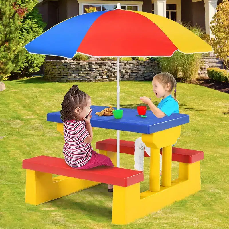 Set Tavolo da Picnic per Bambini con Ombrellone Rimovibile per Interni ed Esterni Giardino Patio
