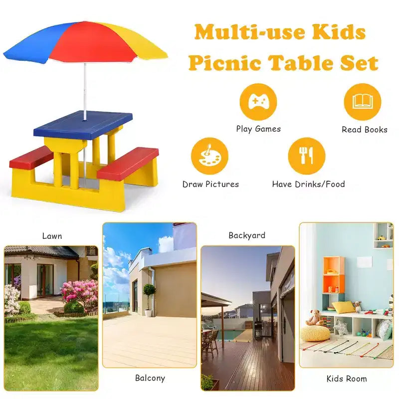 Set Tavolo da Picnic per Bambini con Ombrellone Rimovibile per Interni ed Esterni Giardino Patio