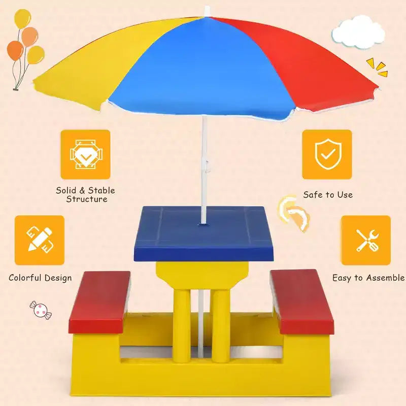 Set Tavolo da Picnic per Bambini con Ombrellone Rimovibile per Interni ed Esterni Giardino Patio