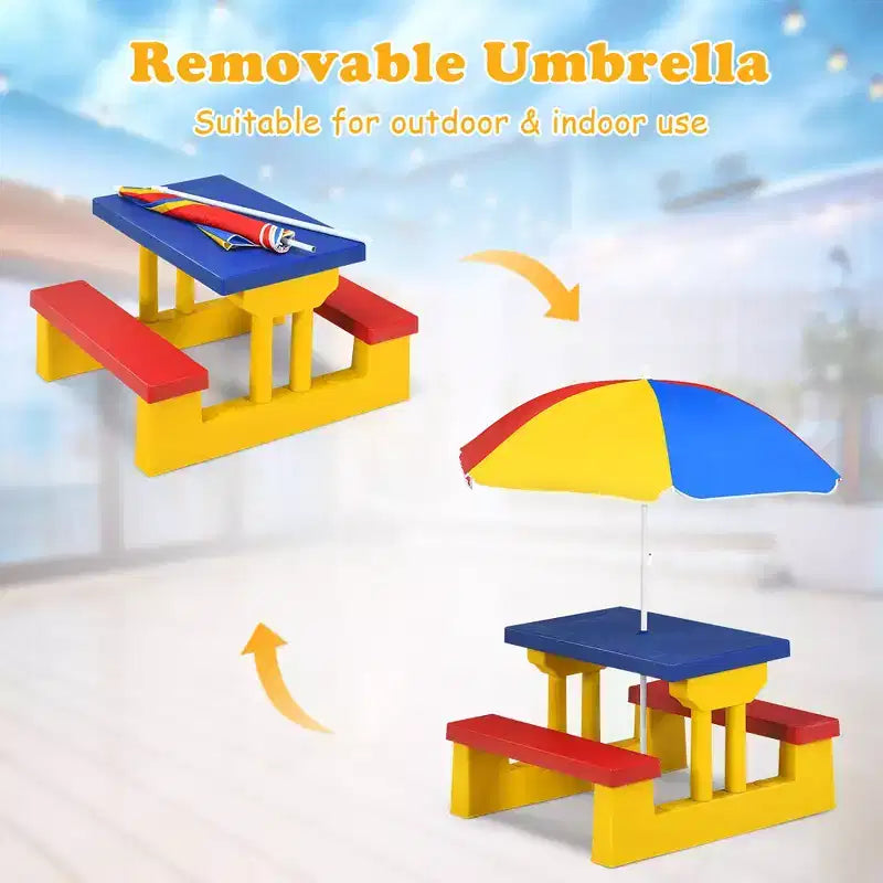 Set Tavolo da Picnic per Bambini con Ombrellone Rimovibile per Interni ed Esterni Giardino Patio