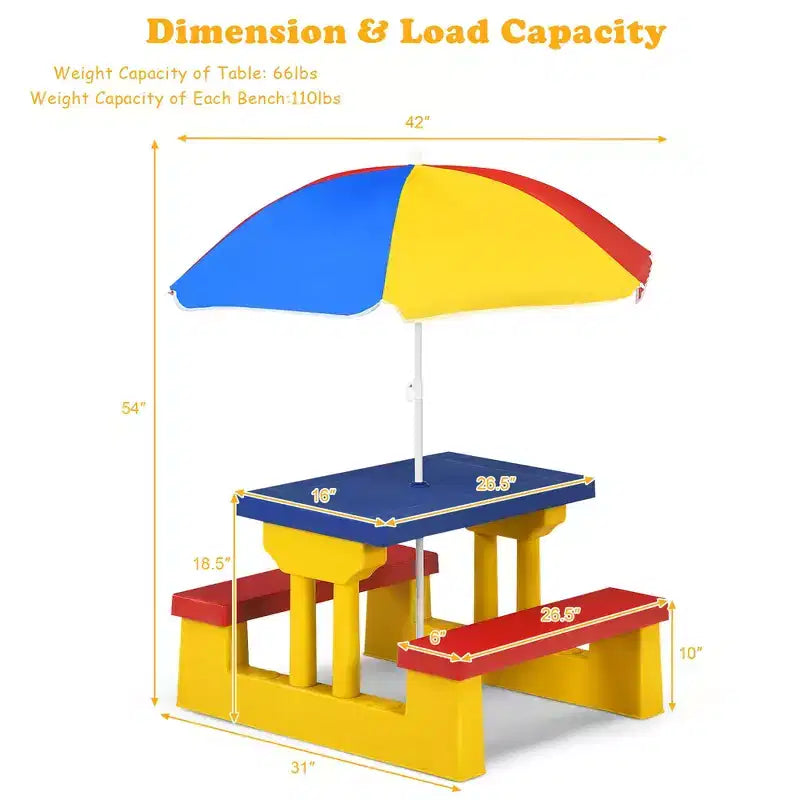 Set Tavolo da Picnic per Bambini con Ombrellone Rimovibile per Interni ed Esterni Giardino Patio