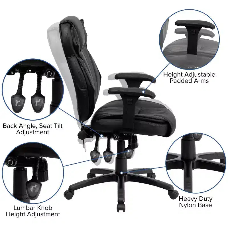 Sedia da ufficio ergonomica multifunzione in LeatherSoft nero con schienale alto e manopola lombare