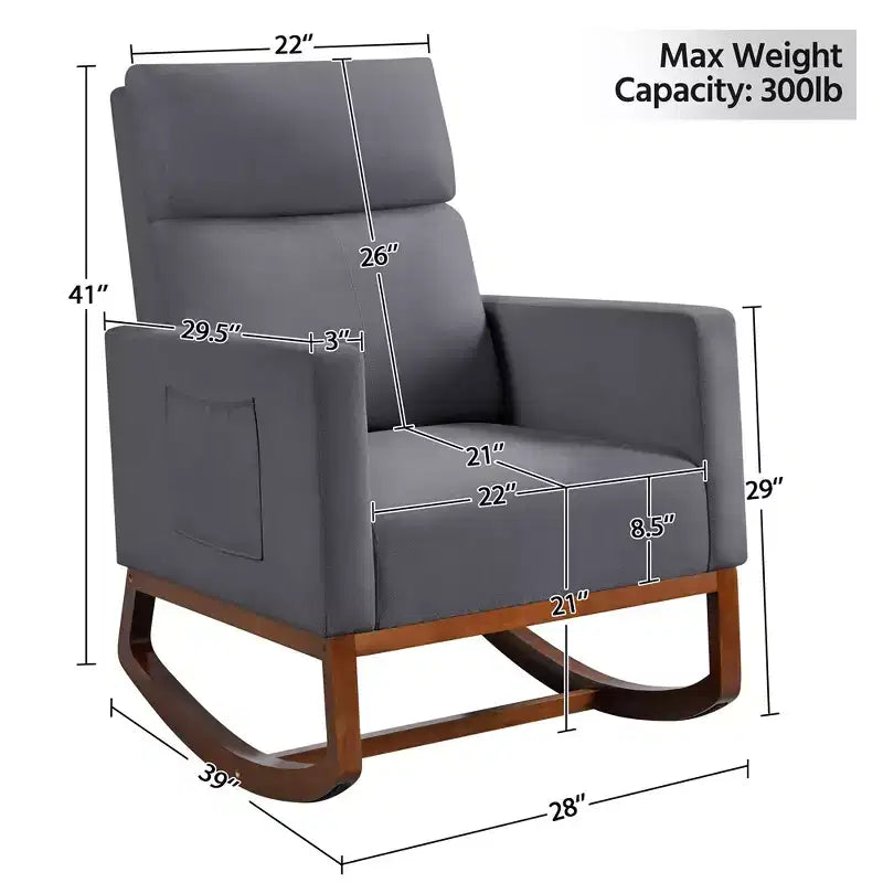 Upholstered Rocking Chair with Rubber Wood Legs and Side Pockets