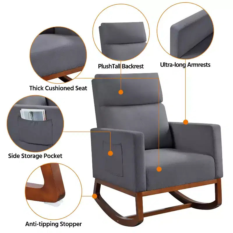 Upholstered Rocking Chair with Rubber Wood Legs and Side Pockets