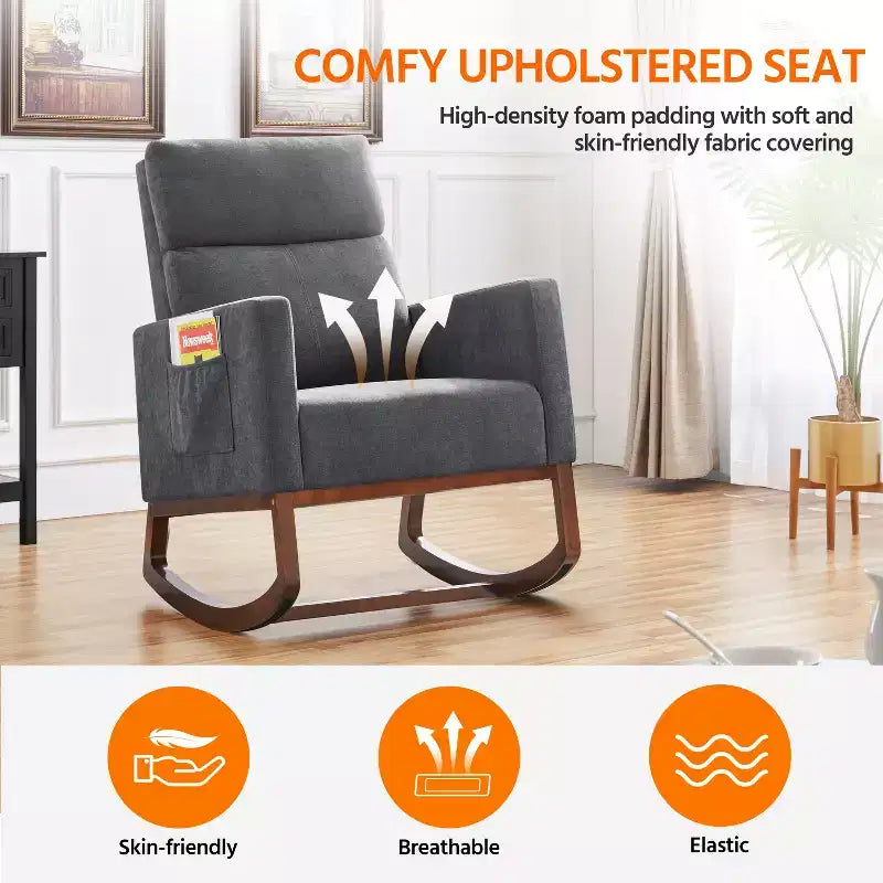 Upholstered Rocking Chair with Rubber Wood Legs and Side Pockets