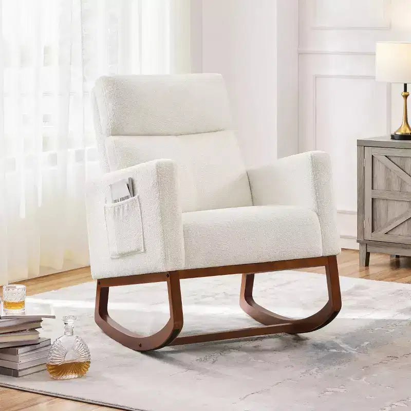 Upholstered Rocking Chair with Rubber Wood Legs and Side Pockets