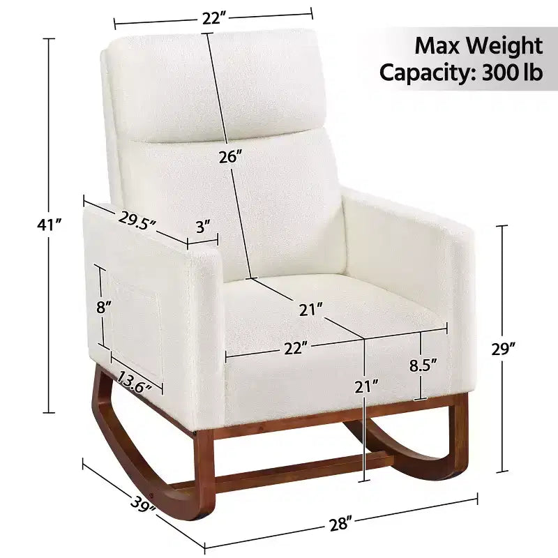 Upholstered Rocking Chair with Rubber Wood Legs and Side Pockets