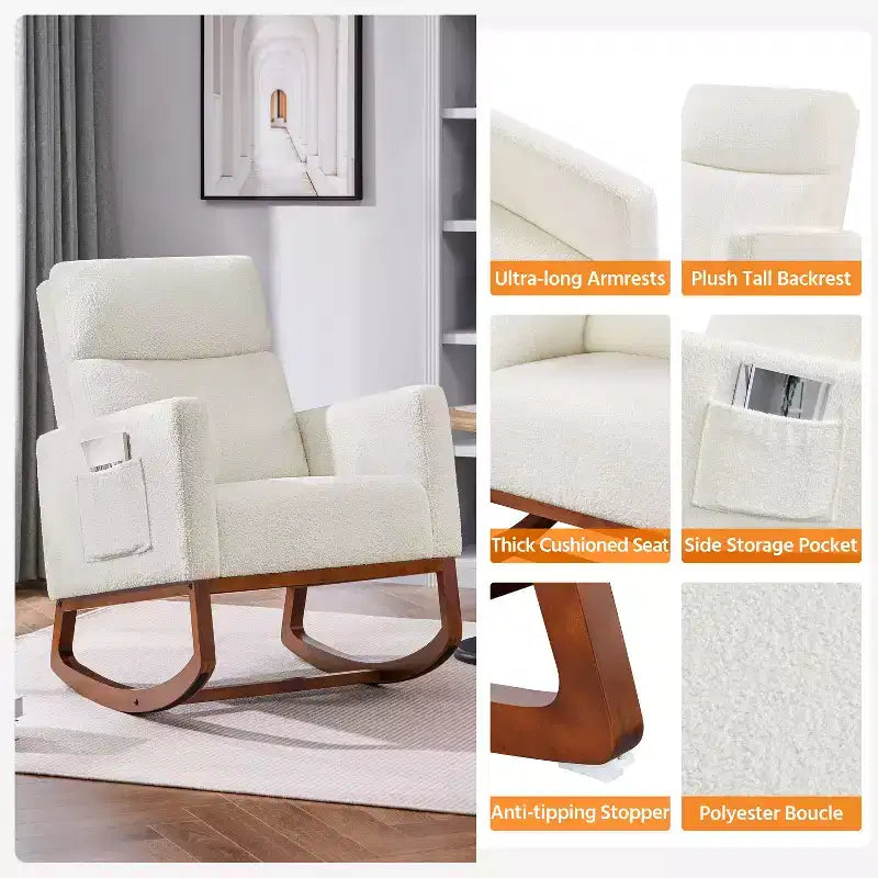 Upholstered Rocking Chair with Rubber Wood Legs and Side Pockets