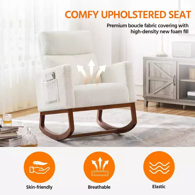 Upholstered Rocking Chair with Rubber Wood Legs and Side Pockets