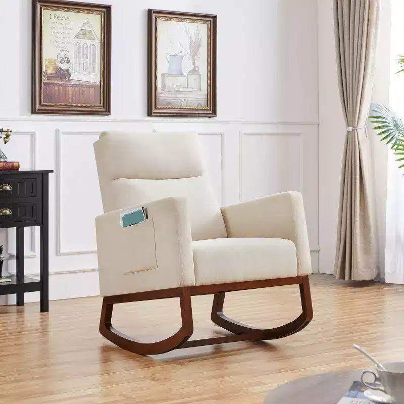 Upholstered Rocking Chair with Rubber Wood Legs and Side Pockets