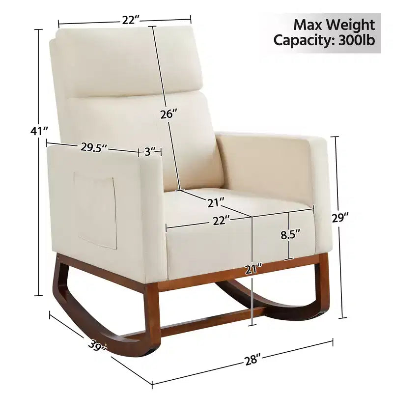 Upholstered Rocking Chair with Rubber Wood Legs and Side Pockets