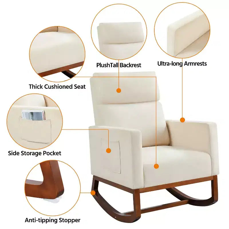 Upholstered Rocking Chair with Rubber Wood Legs and Side Pockets
