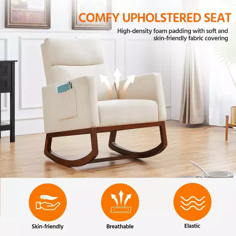Upholstered Rocking Chair with Rubber Wood Legs and Side Pockets