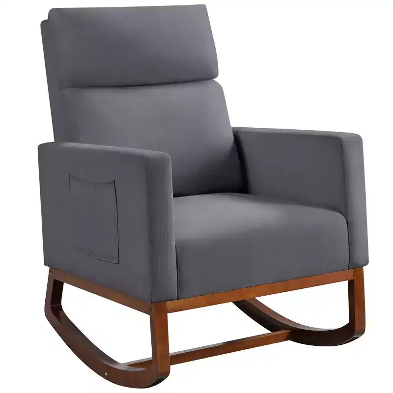 Upholstered Rocking Chair with Rubber Wood Legs and Side Pockets