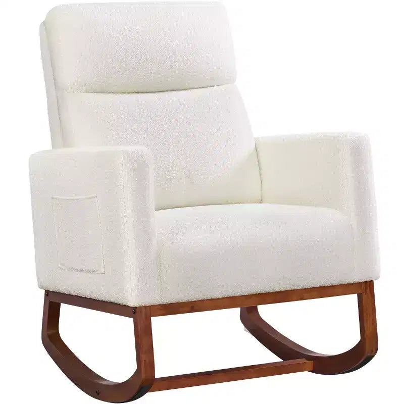 Upholstered Rocking Chair with Rubber Wood Legs and Side Pockets