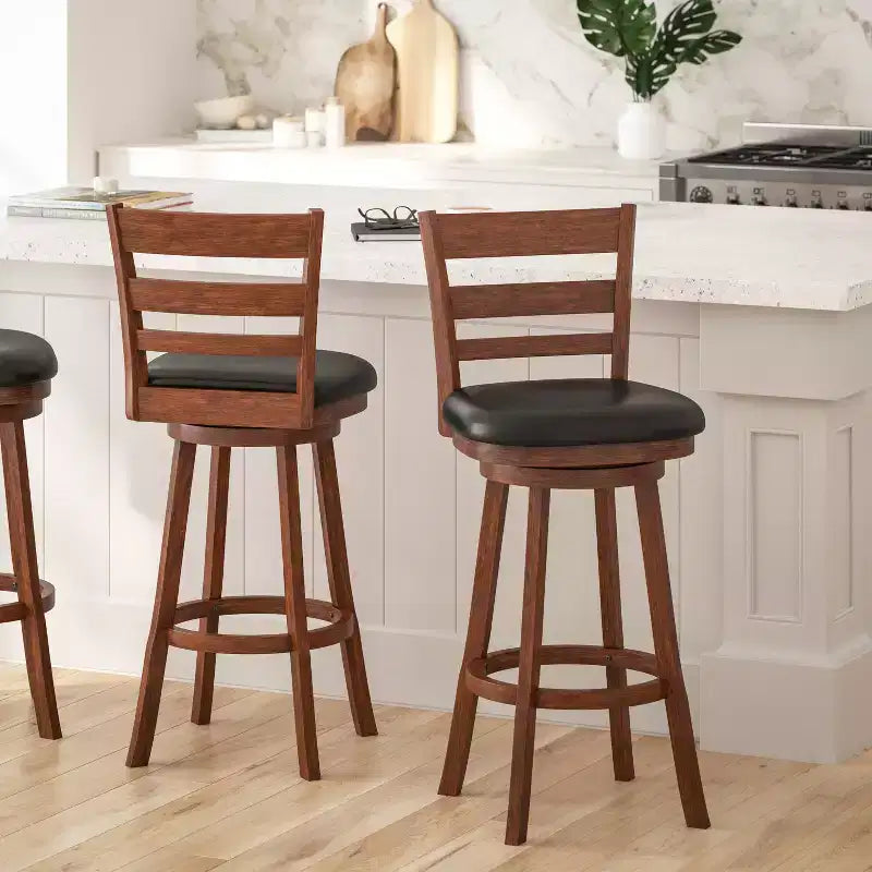 30" Classic Wooden Ladderback Swivel Bar Height Stool with Upholstered Padded Seat and Integrated Footrest
