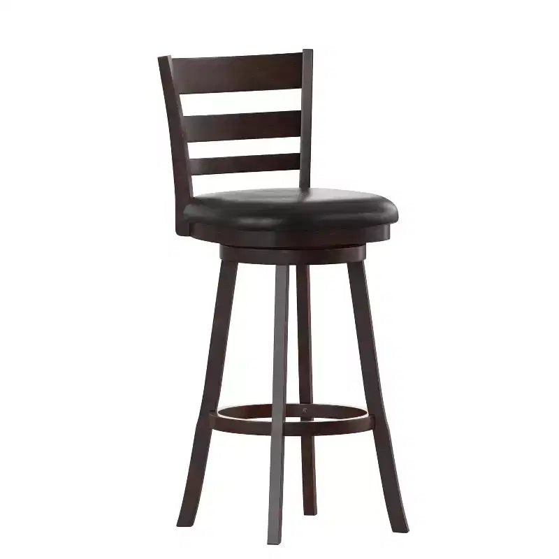 30" Classic Wooden Ladderback Swivel Bar Height Stool with Upholstered Padded Seat and Integrated Footrest